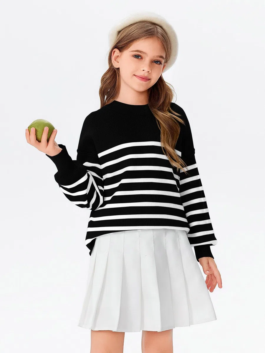 Haloumoning Pullover Mädchen Kinder Rundhals Oversized Strickpullover Herbst Winter Gestreifte Fledermausärmel Strickpulli