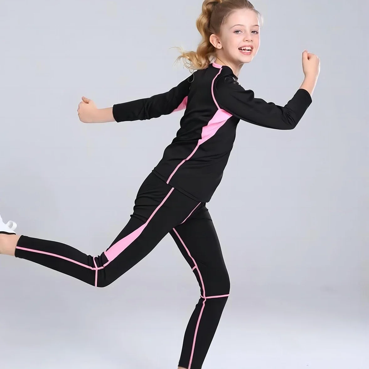 linboo Mädchen Sportanzug 2tlg Yoga Anzug mit Langen Ärmeln und Hosen, Kleidung Set, Atmungsaktiv und Elastisch, Outdoor eng anliegende Tanz- und Fitnessbekleidung für Kinder