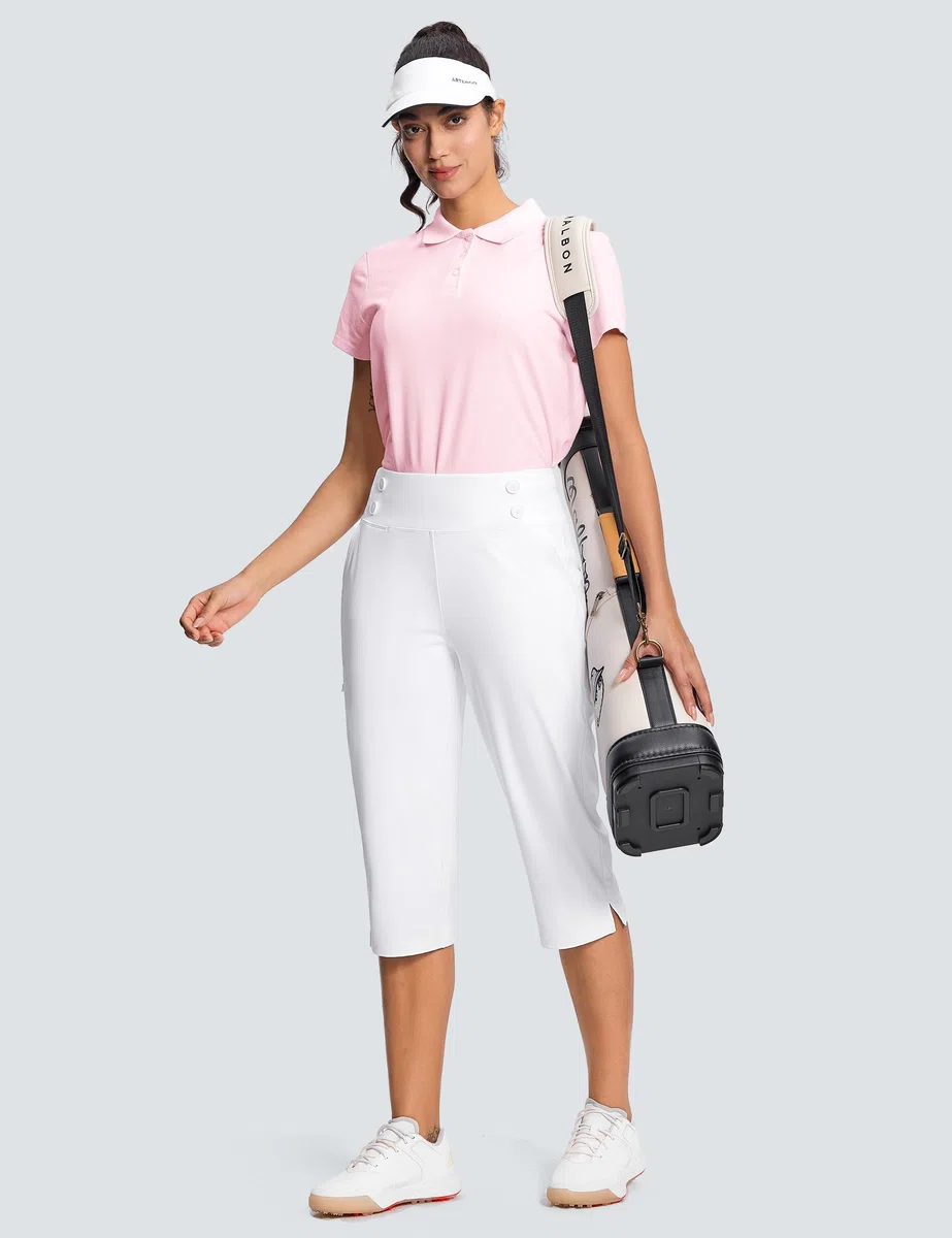 ISEEGZ Elegante Caprihose für Damen, hohe Taille, Stretch, Golf-Caprihose für den Sommer, mit Taschen, Arbeit, Freizeit, 45,7 cm