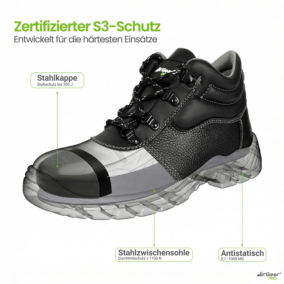 AirGearPro Sicherheitsschuhe Herren S3 SRC – Stahlkappe, Durchtrittsichere & rutschfeste Sohle, wasserdichte & Atmungsaktive Arbeitsschuhe für BAU, Beruf & Industrie
