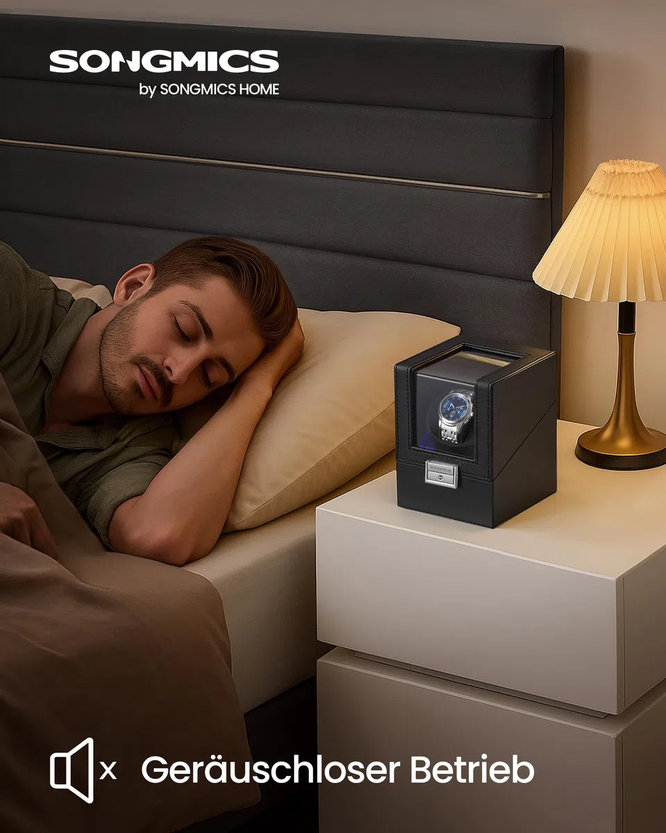 SONGMICS Uhrenbeweger, Automatik Uhrenbeweger 1 Uhr, Uhrenbox, Premium-Motor, mit LED-Licht, verstellbarem Uhrenkissen, Schloss, 4 Rotationsmodi, USB-C-Ladekabel, schwarz JWB030B01
