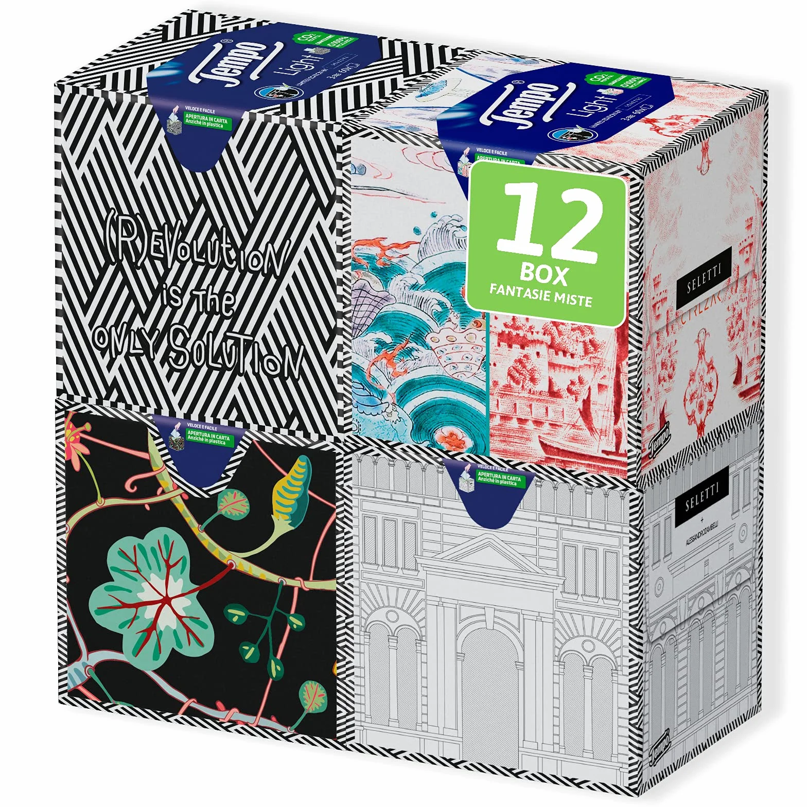 Tempo Taschentücher Box Light - 3-lagig - 12 Packungen mit je 60 Taschentüchern in 4 verschiedenen Grafiken