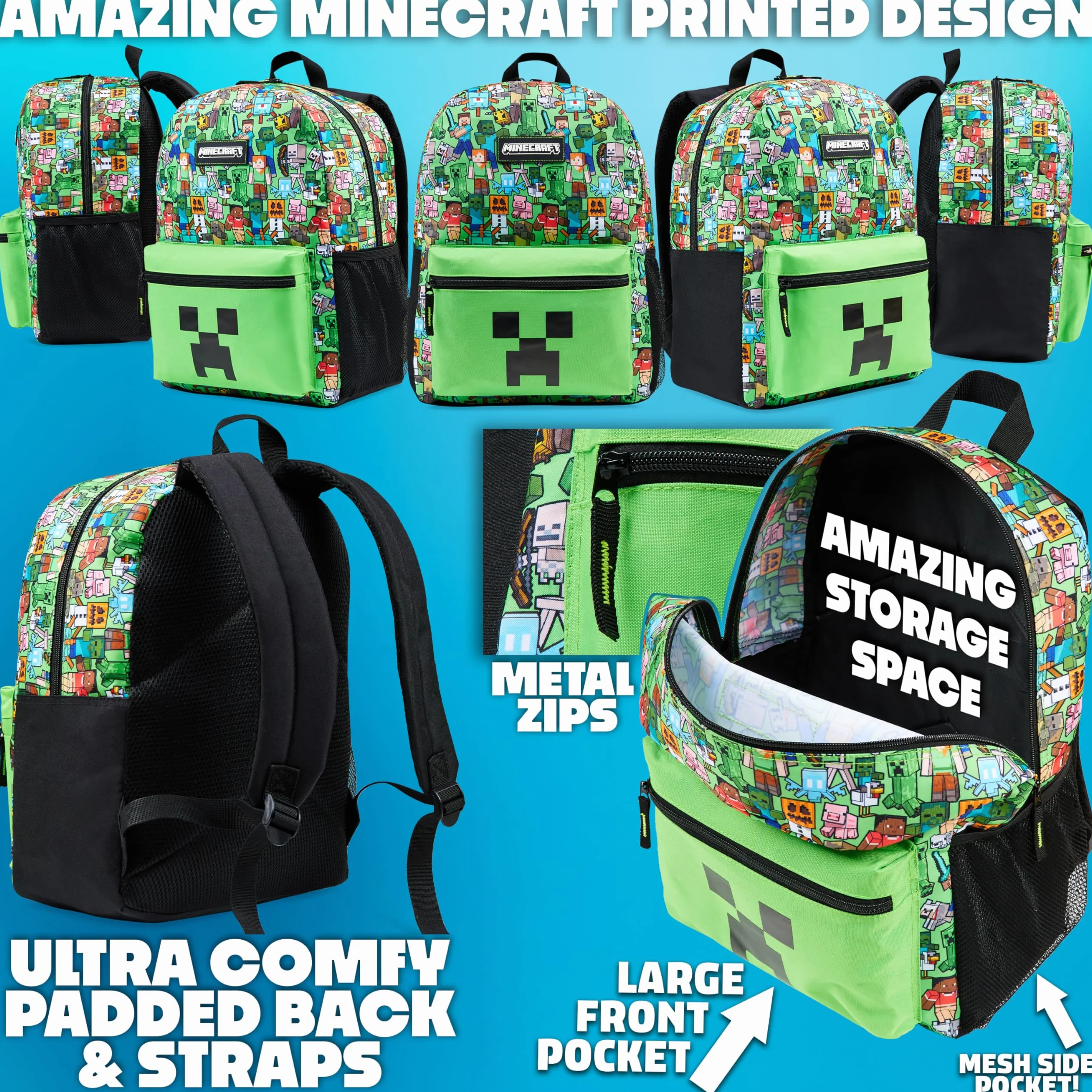 Minecraft Rucksack Kinder 5 Teilige Sets mit Lunchtasche Trinkflasche und Federmäppchen Turnbeutel oder Schlüsselanhänger Lanyard Gamer Geschenks (Grün AOP)