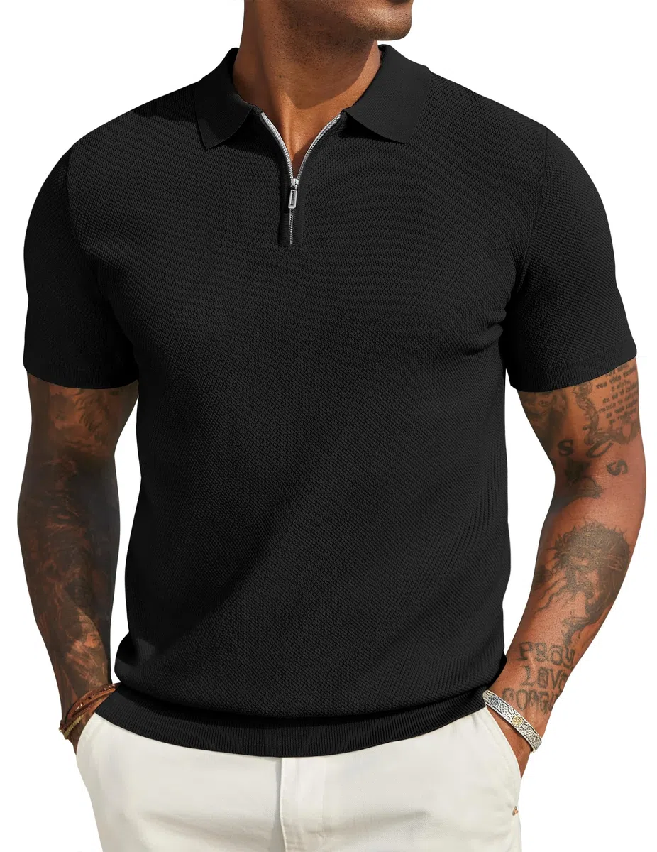 COOFANDY Herren Poloshirt Kurzarm Sommer Strick Polo T-Shirts mit Reißverschluss Männer Polohemd Golf Shirt
