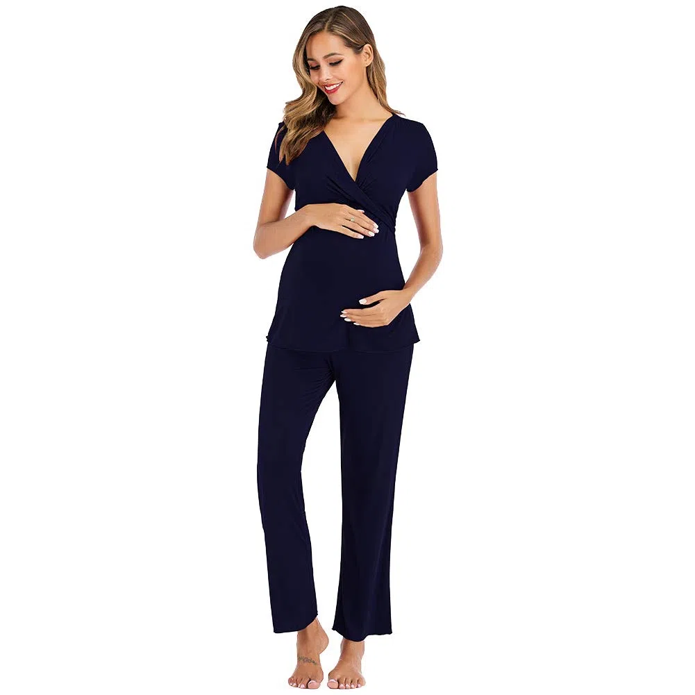 rismart Damen Umstandsmode Stillpyjama Pyjama Set Baumwolle Schlafanzug Kurzarm Oberteil und Lang Hosen Sommer