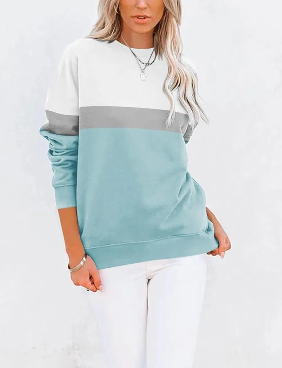 Sweatshirt Damen Pullover Herbst Winter Rundhals Sweater Farbblock Pulli Langarmshirt Baumwolle Elegant Langarm Oberteile mit Taschen