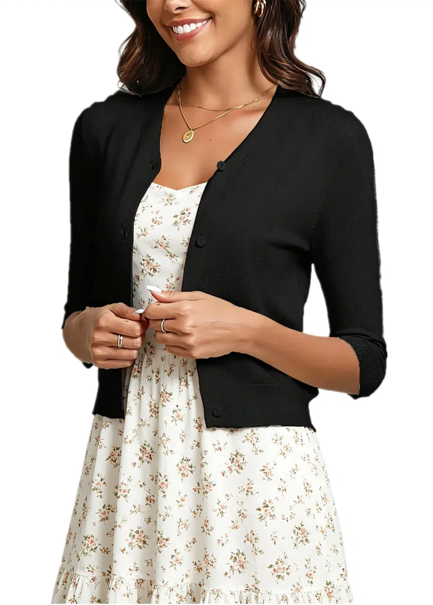 Damen Strickjacke 3/4 Arm Weiche Leichte Kurzjacke V-Ausschnitt Elegant Cardigan mit Knöpfe Basic Jacke für Alltag
