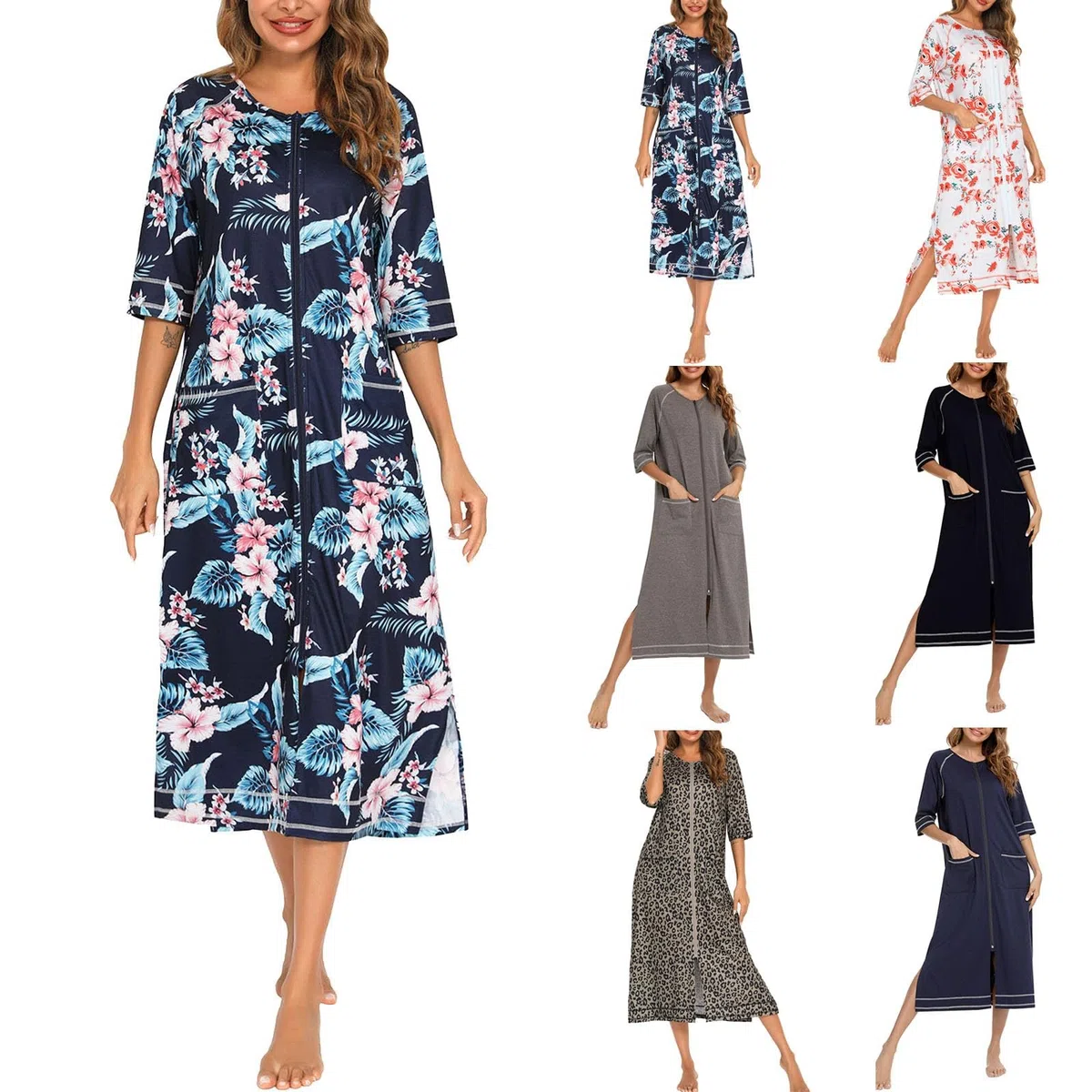 Damen Reißverschluss Bademantel 3/4 Ärmel Hauskleid in voller Länge Nachtwäsche Duster Hausmantel mit Taschen Ganzkörpermantel aus weicher Baumwolle mit Taschen Nachtwäsche Sleepwear