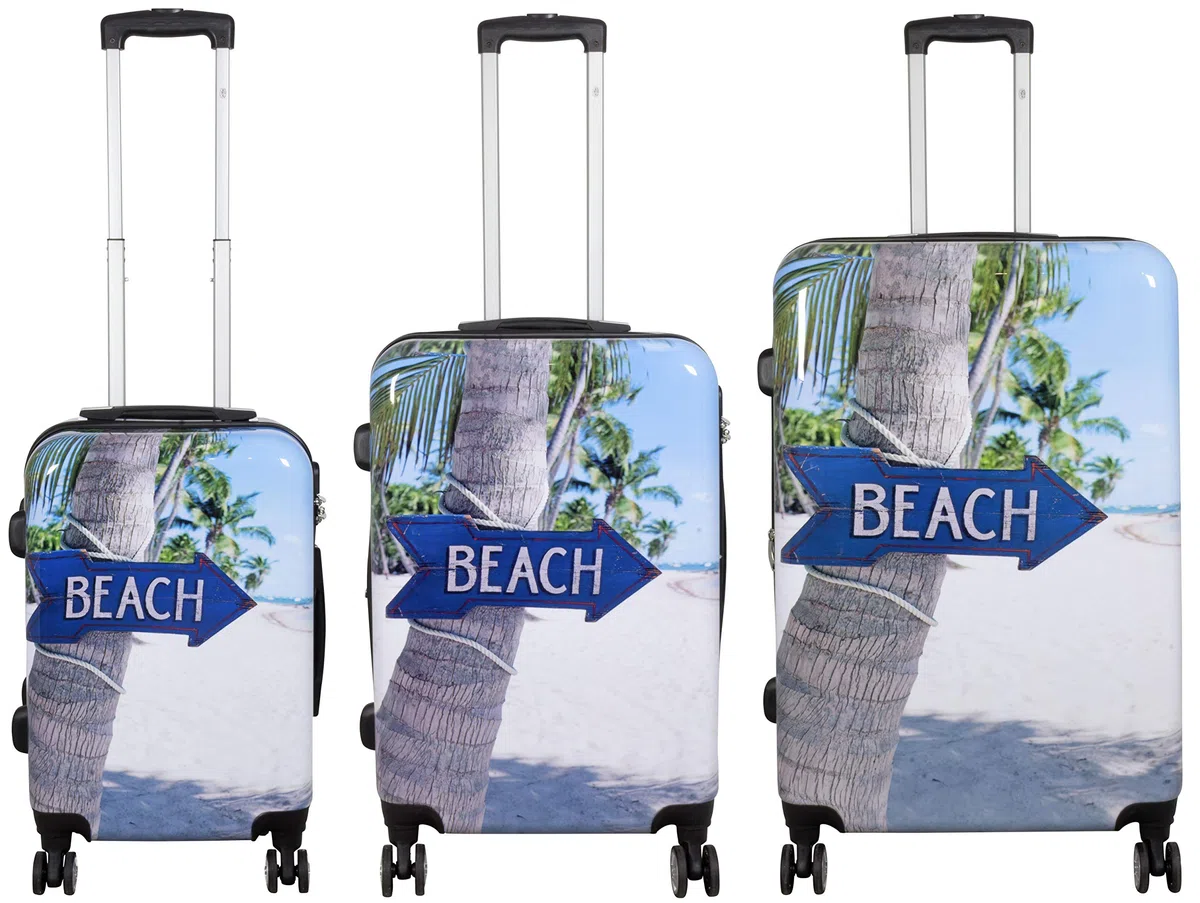Hartschale Koffer-Set mit Motiv 3-teilig Beach 4 Räder Bunt Strand Zahlenschloss