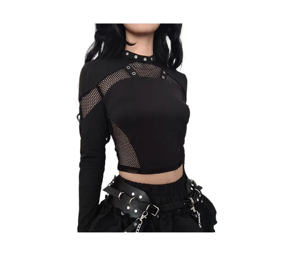 Gothic Schwarz Crop Top Chic Durchsichtiges Mesh Patchwork Volle Ärmel Dünnes Basic T-Shirt Frauen Punk Stil Genähte T-Shirts