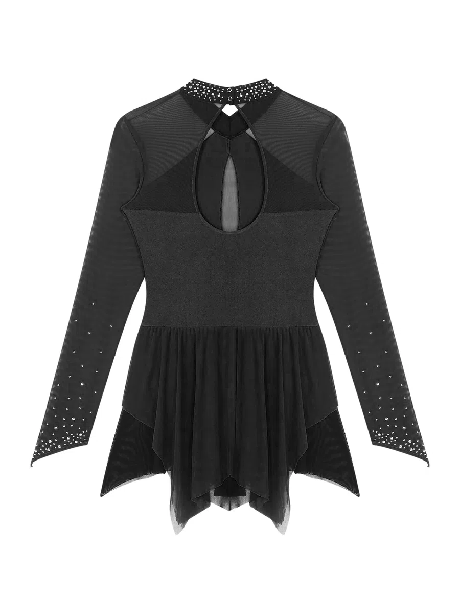 Akrobatin Kostüm Damen Eislaufkleid Langarm Rollschuhkleid Strass Gitzer Tanzkleid Wettbewerb Performance Bekleidung