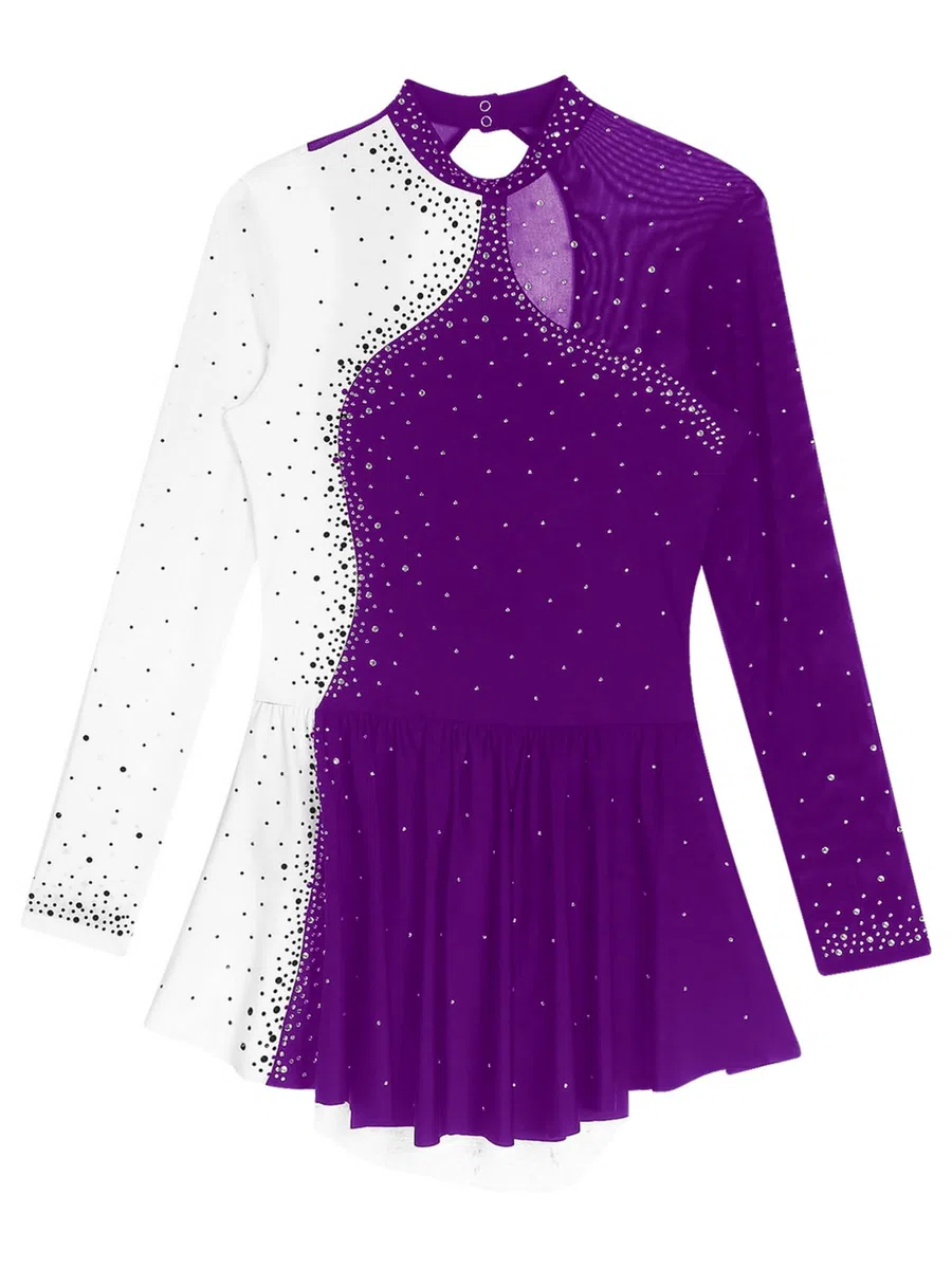 CHICTRY Eiskunstlauf Kleid Damen Langarm Strass Glitzer Ballettkleid Stehkragen Tanzbody Farbblock Patchwork Trikot Mit Wickelrock Dancewear