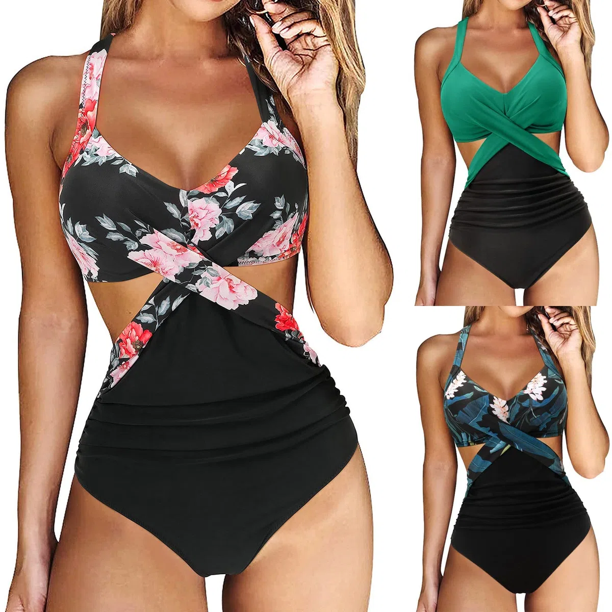 Damen Badeanzug Wickeloptik Bauchweg Monokini V Ausschnitt Raffungen Zierausschnitten Einteilige Bademode Strandmode Swimsuit
