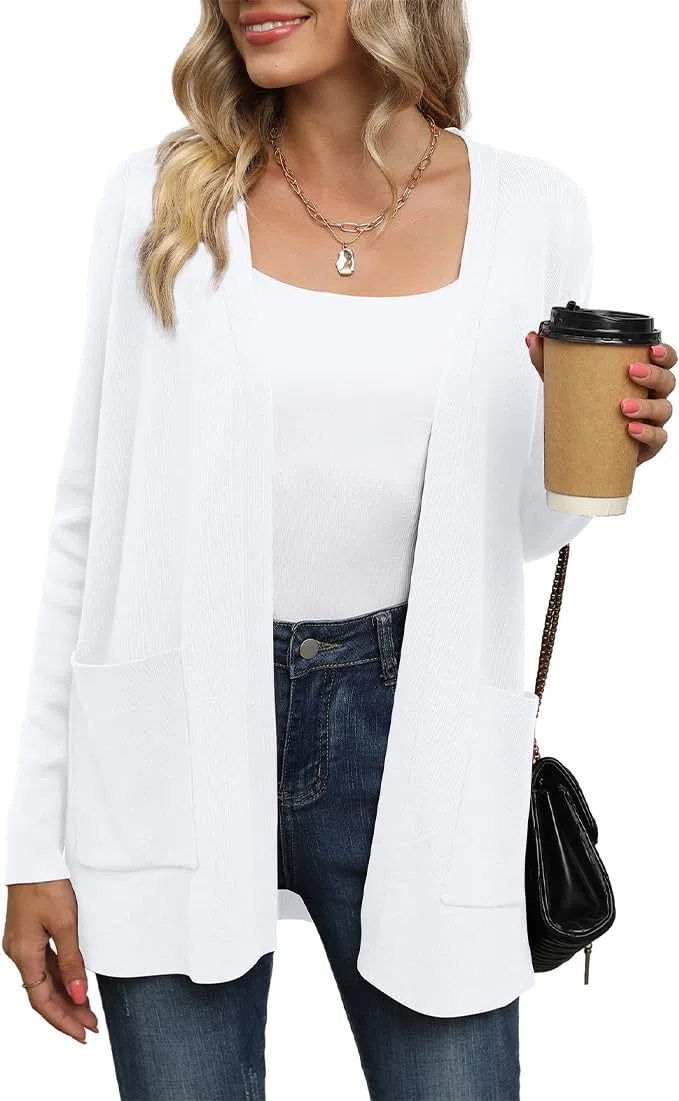 Yommay Strickjacke für Damen Elegante locker lässig leichtes Frauen Herbst Langarm Pullover mit Taschen