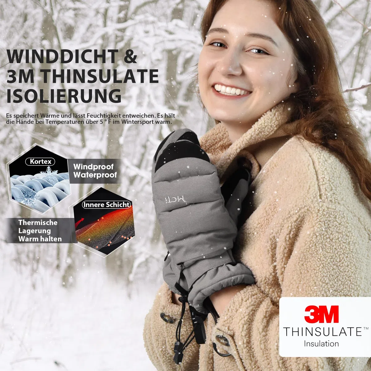 Skihandschuhe Damen Snowboard Fausthandschuhe Touchscreen wasserdichte Winter Warme Fäustlinge mit versteckter Reißverschlusstasche