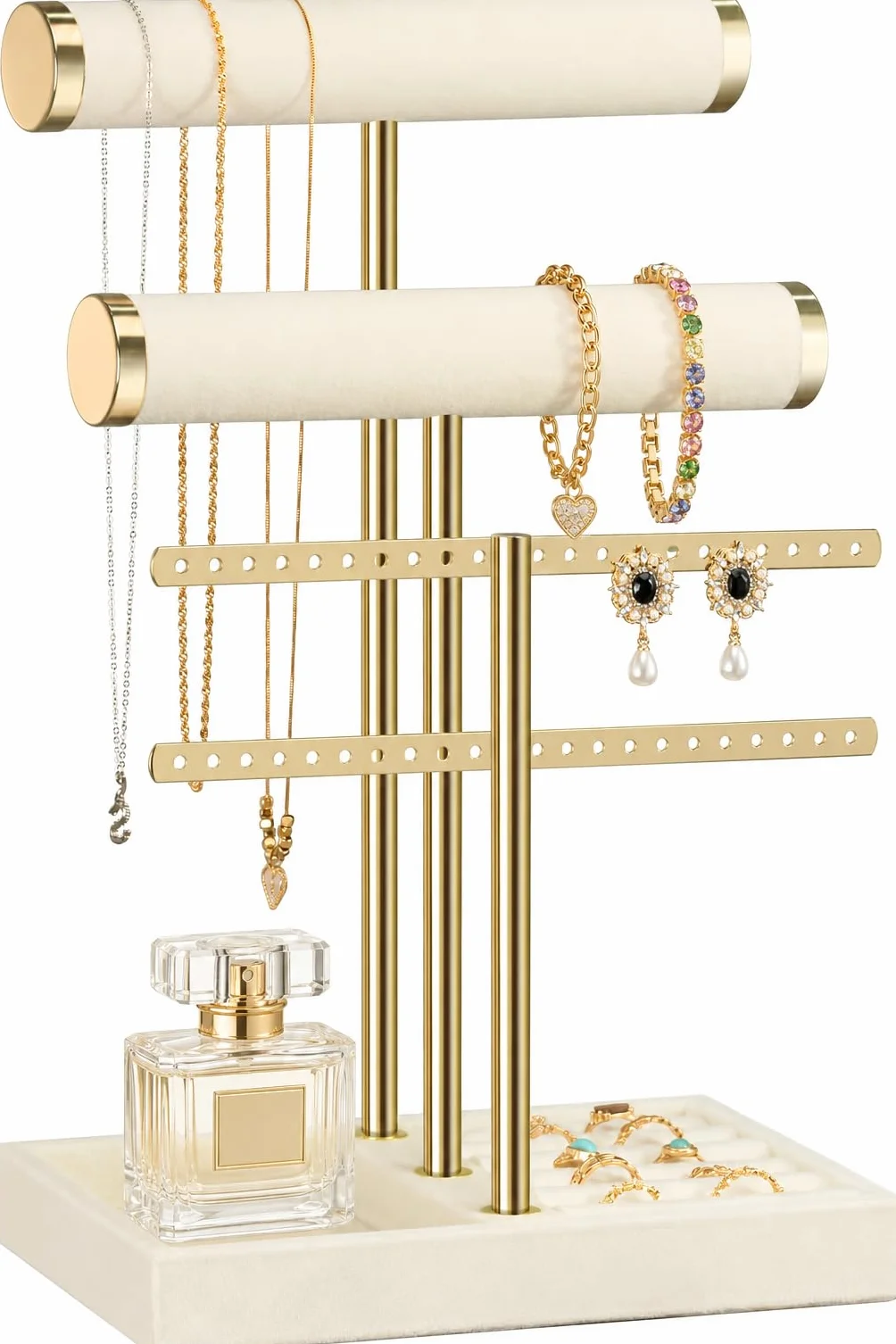 Josmimic Schmuck Organizer mit 3 Ebenen - Beige Schmuckständer Armbänder, Abnehmbarer T-Steg Schmuck Ständer, Samt-Armbandhalter, Schmuckhalter für Armband, Halskette, Uhren, Ringe