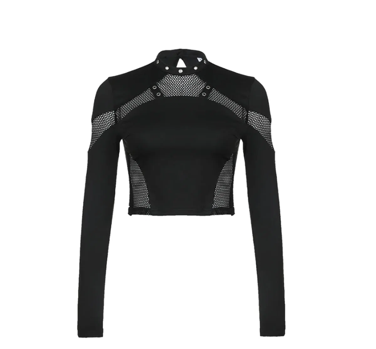 Gothic Schwarz Crop Top Chic Durchsichtiges Mesh Patchwork Volle Ärmel Dünnes Basic T-Shirt Frauen Punk Stil Genähte T-Shirts