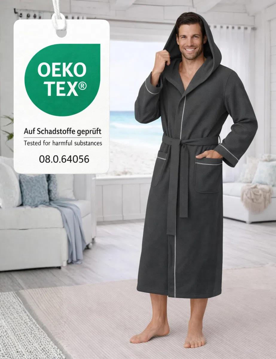 Morgenstern Bademantel Herren Leicht Waffelpique 100% Baumwolle Kapuze Lang Oeko-Tex Standard Ben