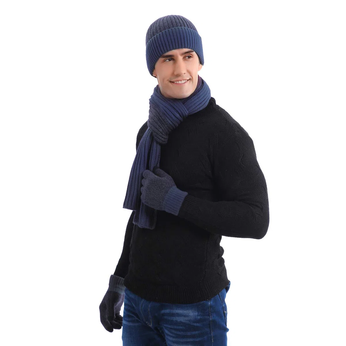 Tofern Schal Mütze Handschuhe Set Onvavient Herren Winter Strick Herrenhaube mit Fleecefutter Gloves Touchscreen, Flauschig Winter Zubehör