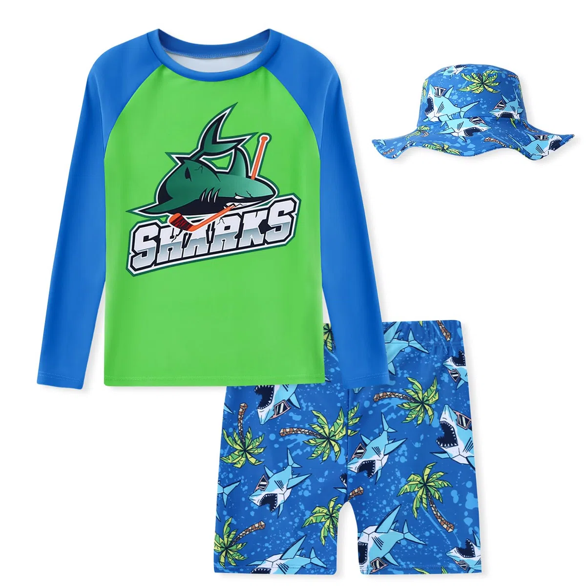 Jungen Schwimmanzug 3 Teil Set UV Langarm Kinder Rash Guard Badehose mit Sonnenhut Haifisch Muster Badeanzug für Jungen 4-12 Jahre