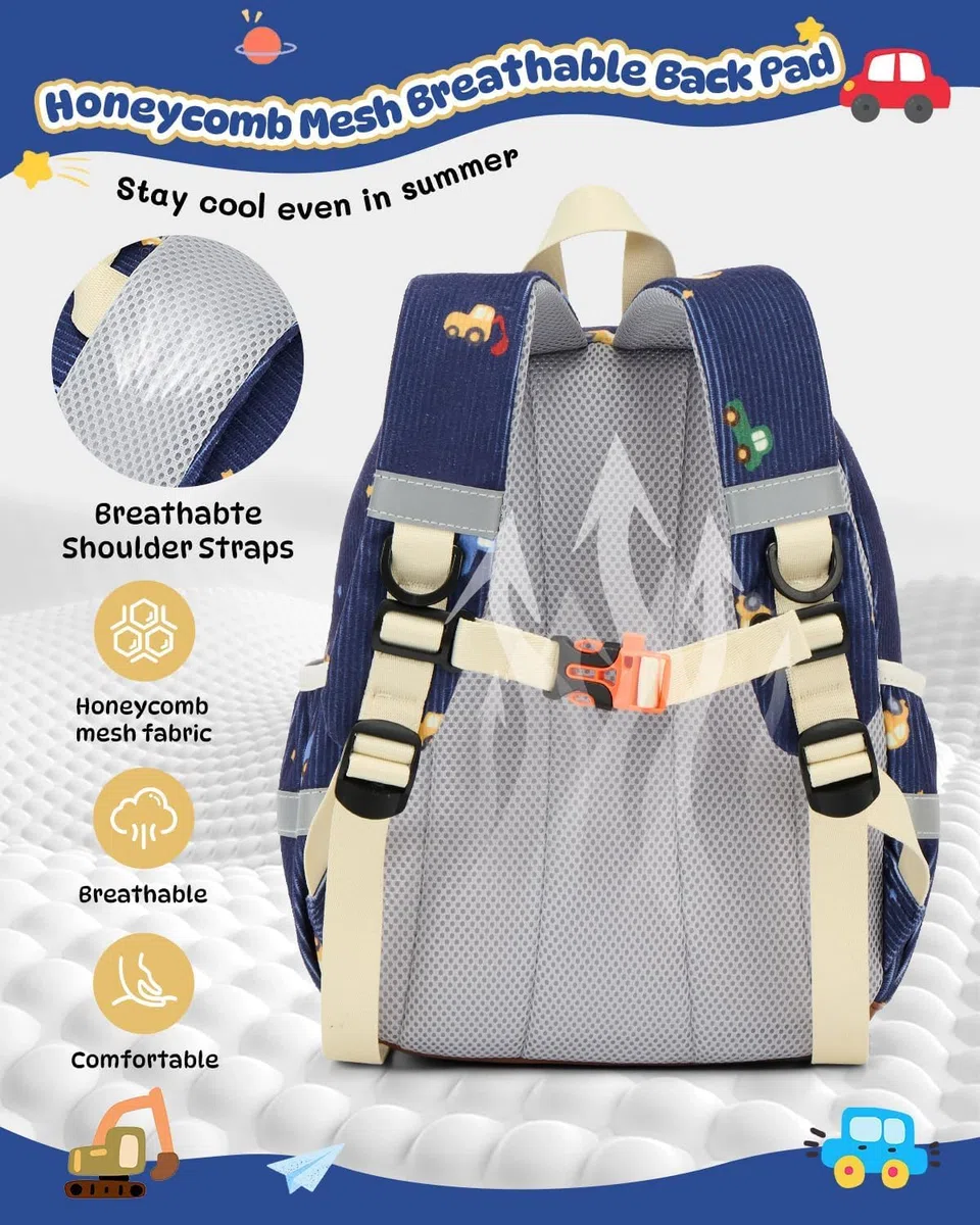 PROTAURI Kindergartenrucksack Jungen mit Brustgurt, Rucksack Kinder Reflektierend mit Abwischbarem Boden, Kita Rucksack Vintage Kordsamt Passend für DIN A4 2-6 Jahre, 9.2L, Blau Auto