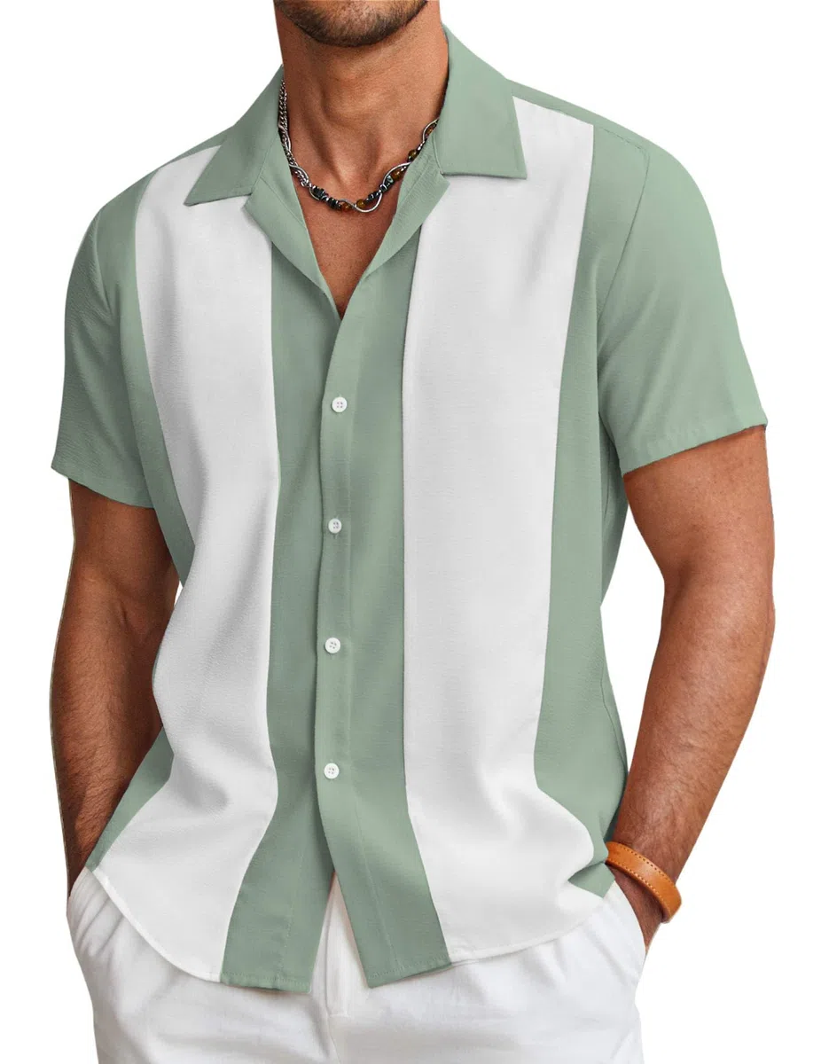 COOFANDY Herren Vintage-Bowlinghemd, Kurzarm, Hemd mit Knopfleiste, Sommer, Kuba, Strandhemd