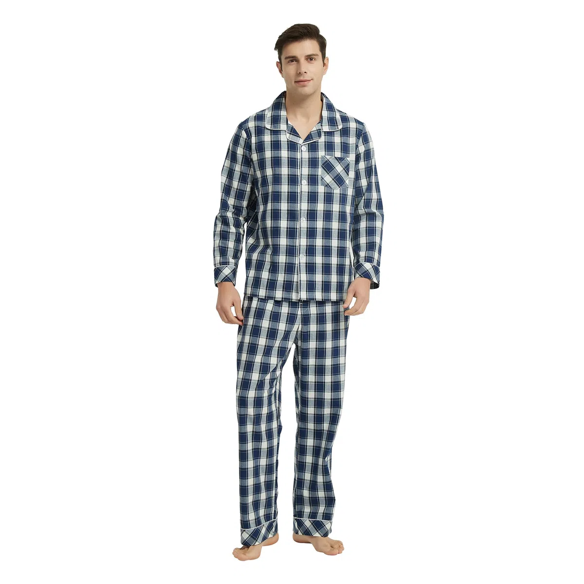 Vulcanodon Pyjama Herren 100% Baumwolle Schlafanzug lang Set kariert mit Knopfleiste weiche Nachtwäsche