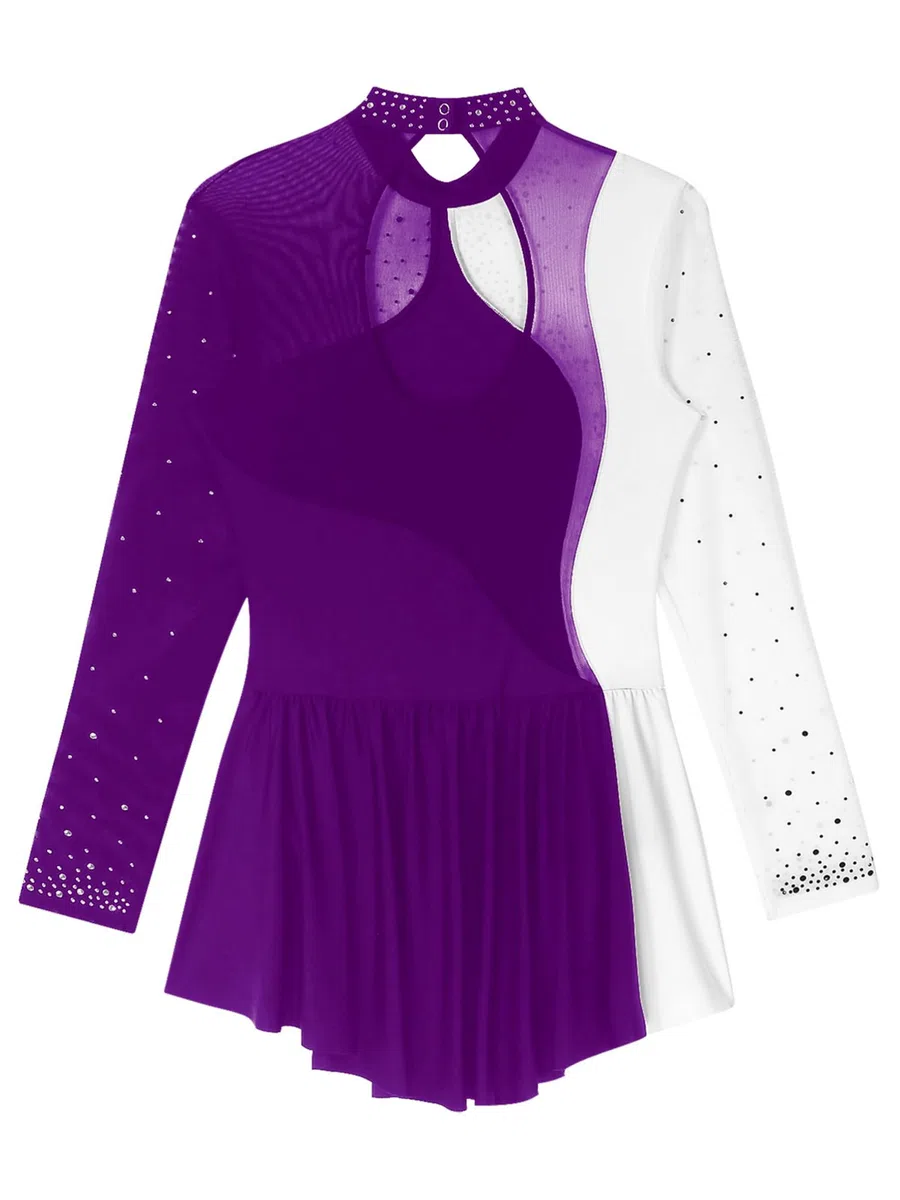 CHICTRY Eiskunstlauf Kleid Damen Langarm Strass Glitzer Ballettkleid Stehkragen Tanzbody Farbblock Patchwork Trikot Mit Wickelrock Dancewear
