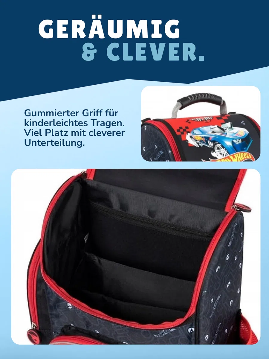 Familando - Schulranzen Set - 7-teilig mit Sporttasche - Hot Wheels - Ergonomisch, stabil & mit gepolstertem Rücken - 1010g leicht - 18L Volumen - Mit Reflektoren - Für Grundschule ab 1. Klasse