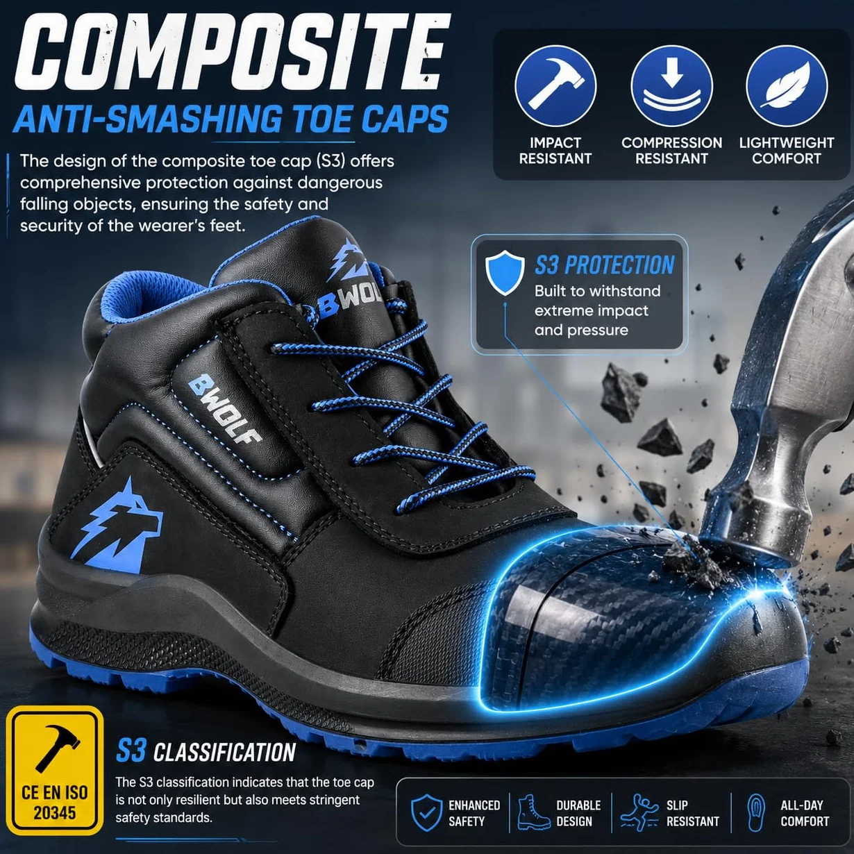 BWOLF Spire Arbeitsschuhe Herren S3 High Sicherheitsschuhe Herren S3 wasserdicht, ölbeständig, rutschhemmend 4x4 Grip Tech, Ergo Sohlen