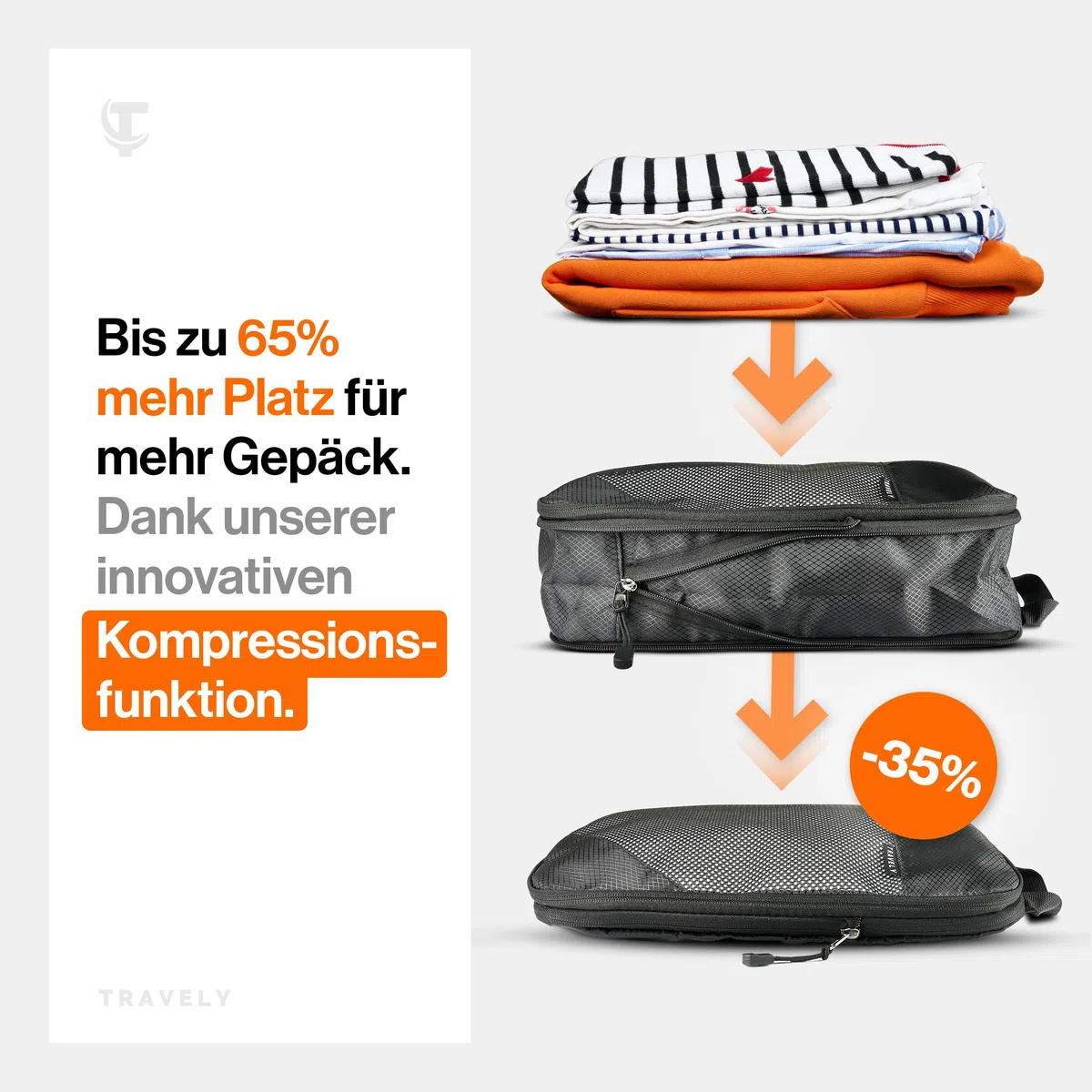 TRAVELY Packing Cubes Compression - 5-teiliges Set inkl. Schuhtasche & Wäschebeutel - Packwürfel Kompression als Koffer oder Rucksack Organizer - Packtaschen für Reise, Packbeutel, Kompressionsbeutel