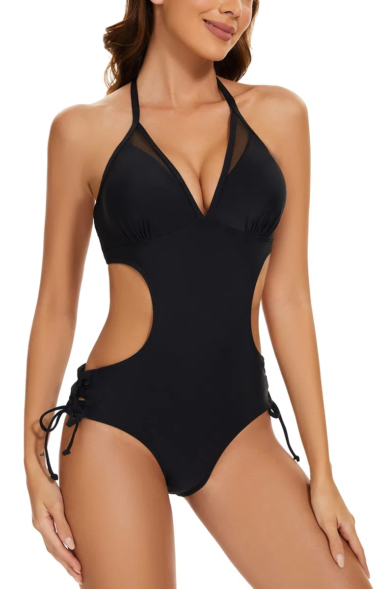 Einteiliger Damen-Badeanzug mit Neckholder-Ausschnitt, Netzstoff, Monokini