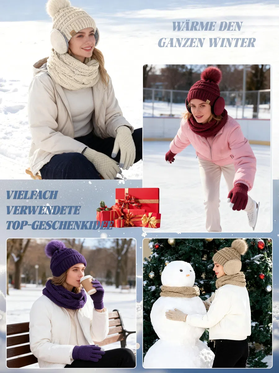 VZV 4-in-1 Winter-Set für Damen, Bommelmütze, Touchscreen-Handschuhe, Strickschal, Fleece-Ohrenschützer