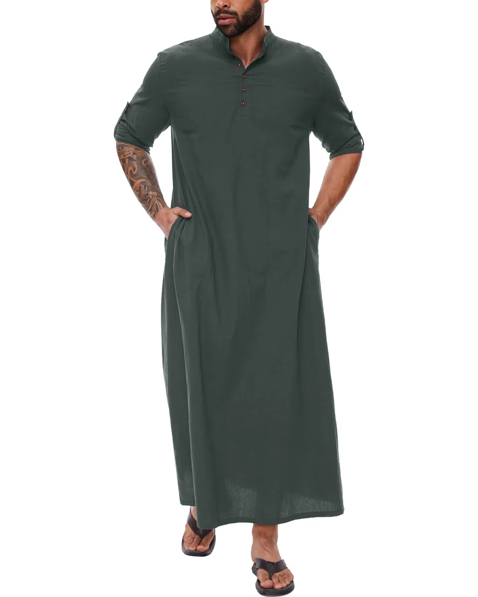 YAOHUOLE Kaftan Herren Lang Thobe Herren Langarm Kaftan Männer Lang mit Taschen Universal Fit