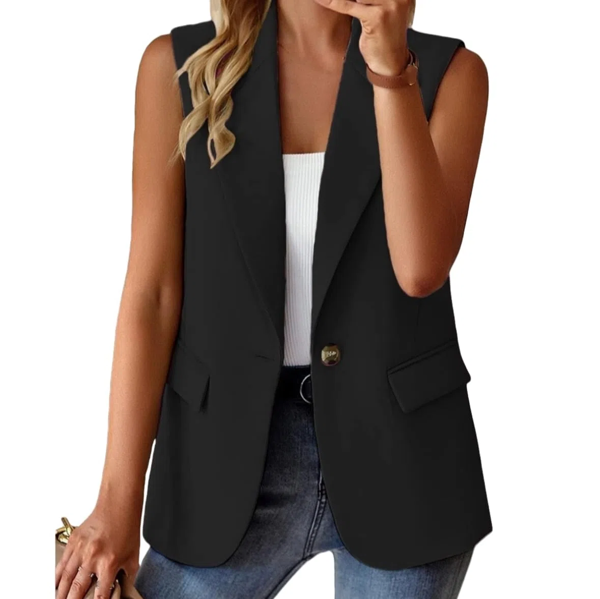 Damen Westen Damen Ärmelloser Blazer Weste Lässige Knopfleiste Strickjacke Sommer Leichte Jacke Arbeit Büro Duster Trenchcoat Weste Anzug Blazer