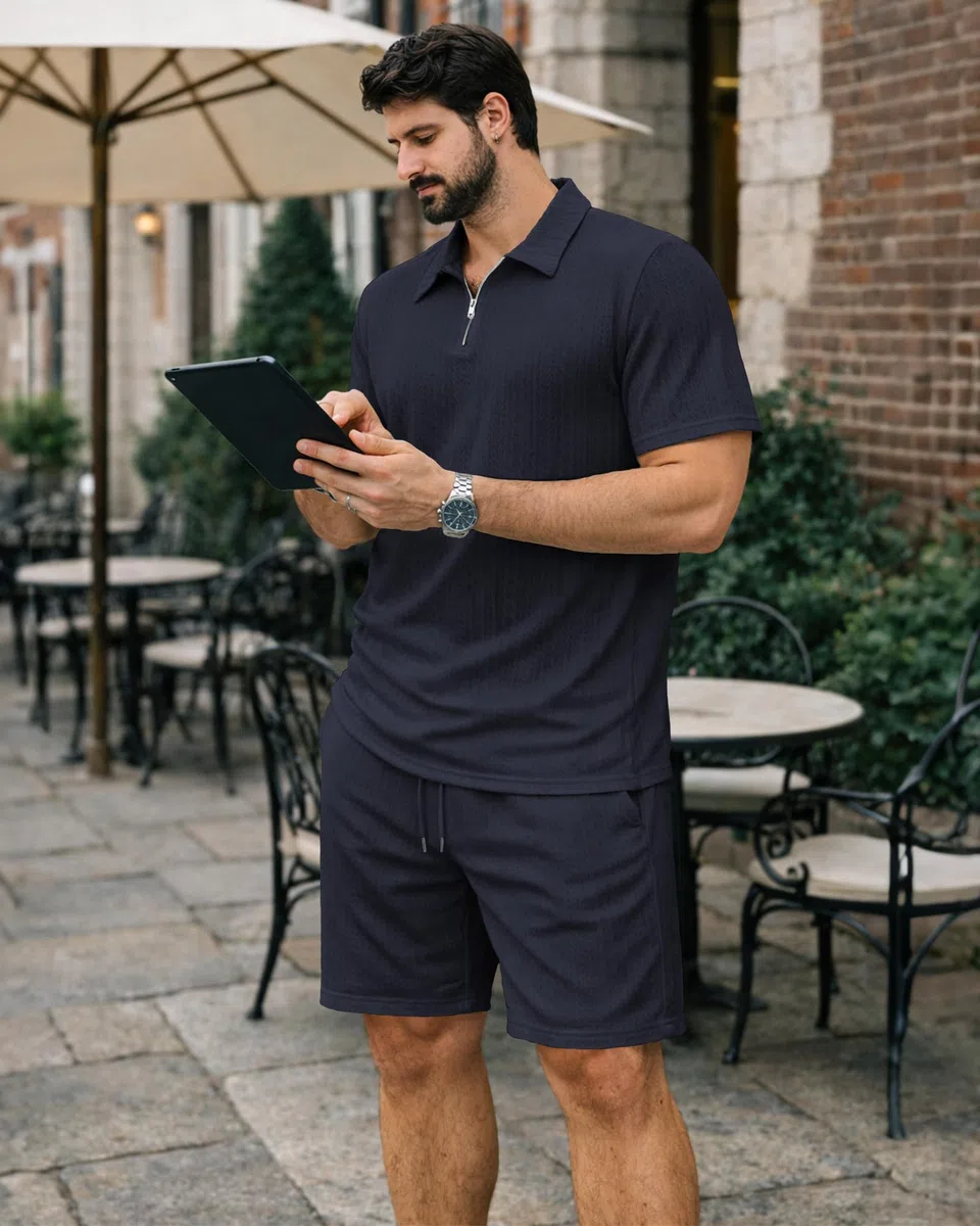 KUYIGO Herren-Trainingsanzug, 2-teilig (Polohemd & Shorts), luftdurchlässige T-Shirts und Shorts für den Sommer, Freizeit, Fitness, Urlaub und Outdoor, S–2XL